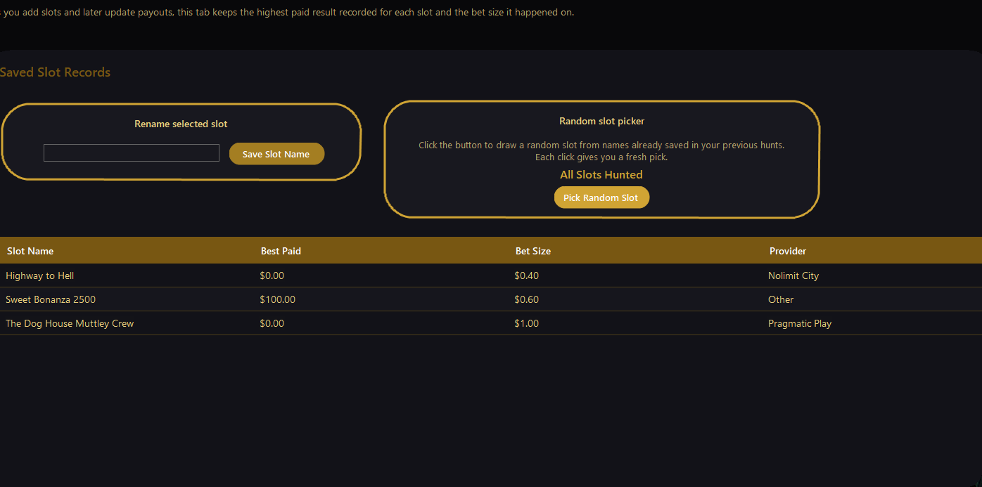Current slot records tracker screenshot
